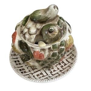 Vintage Lefton Fruits of Italy Jam Jelly Condiment With Lid Attached Under Plate
